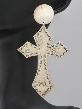 Vintage Extra Large Sterling Silver Cross Dangle Earrings Signed MR Mexico 925
